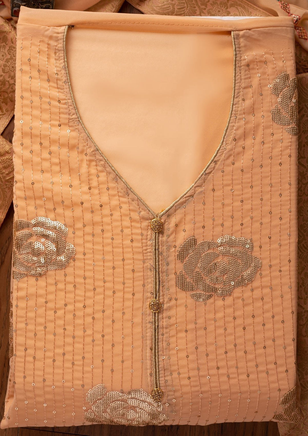 Peach Sequins Georgette Designer Unstitched Salwar Suit - koskii