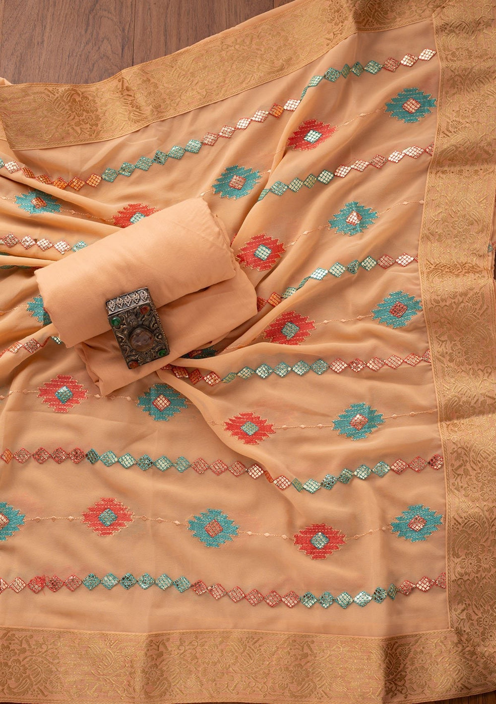 Peach Sequins Georgette Designer Unstitched Salwar Suit - koskii