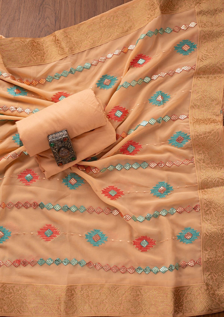 Peach Sequins Georgette Designer Unstitched Salwar Suit - koskii