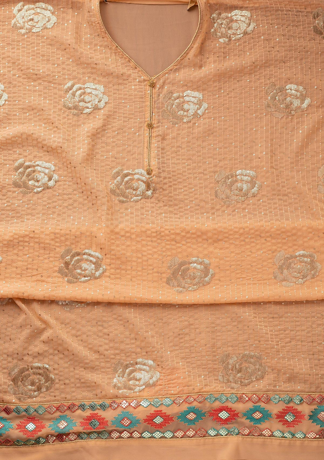 Peach Sequins Georgette Designer Unstitched Salwar Suit - koskii