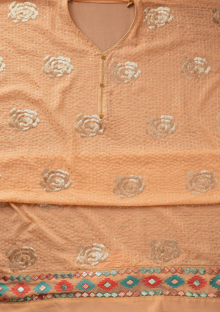 Peach Sequins Georgette Designer Unstitched Salwar Suit - koskii