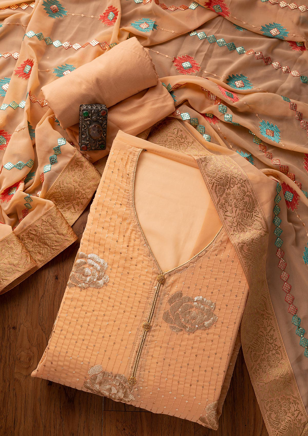 Peach Sequins Georgette Designer Unstitched Salwar Suit - koskii