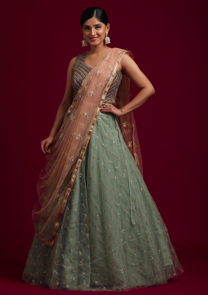 Peach Sequins Net Designer Dupatta - koskii