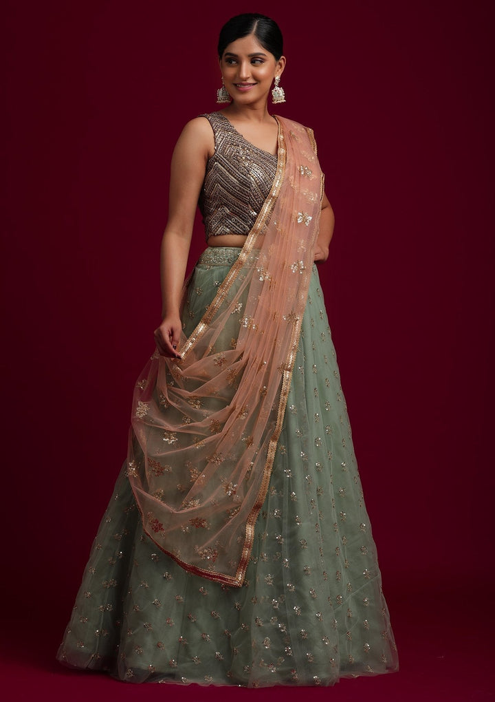 Peach Sequins Net Designer Dupatta - koskii