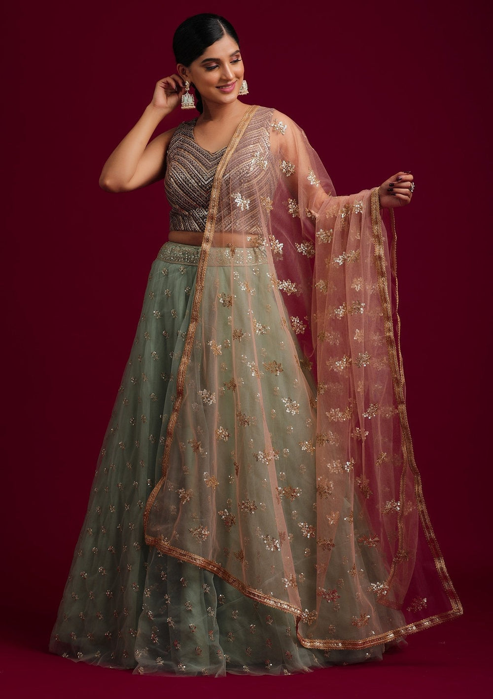 Peach Sequins Net Designer Dupatta - koskii