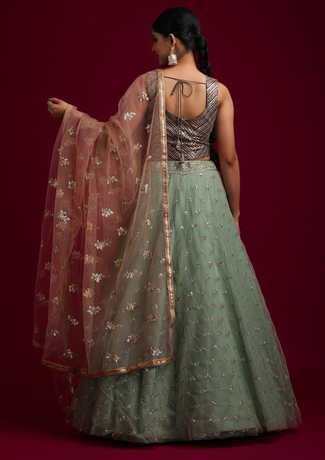 Peach Sequins Net Designer Dupatta - koskii