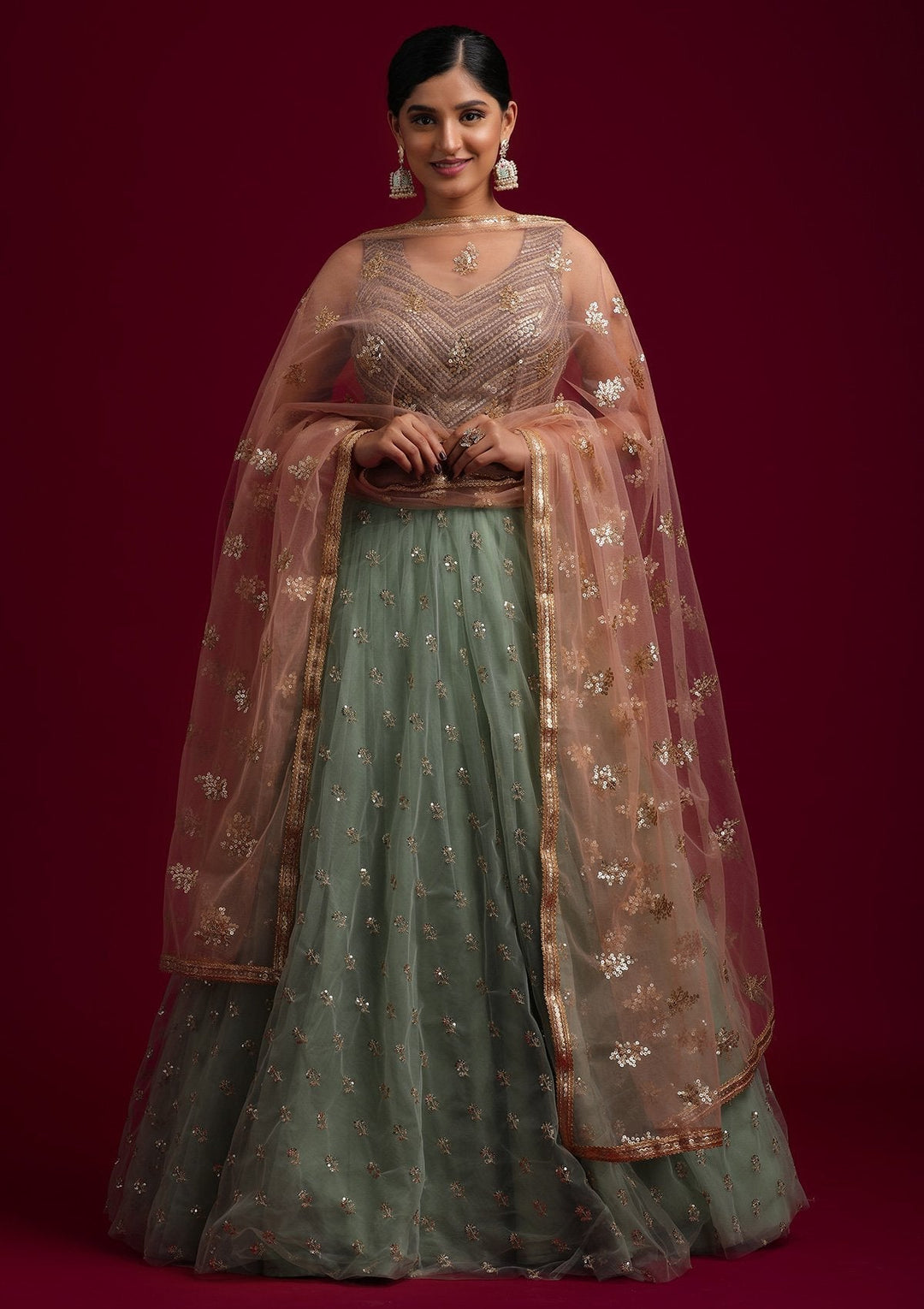 Peach Sequins Net Designer Dupatta - koskii