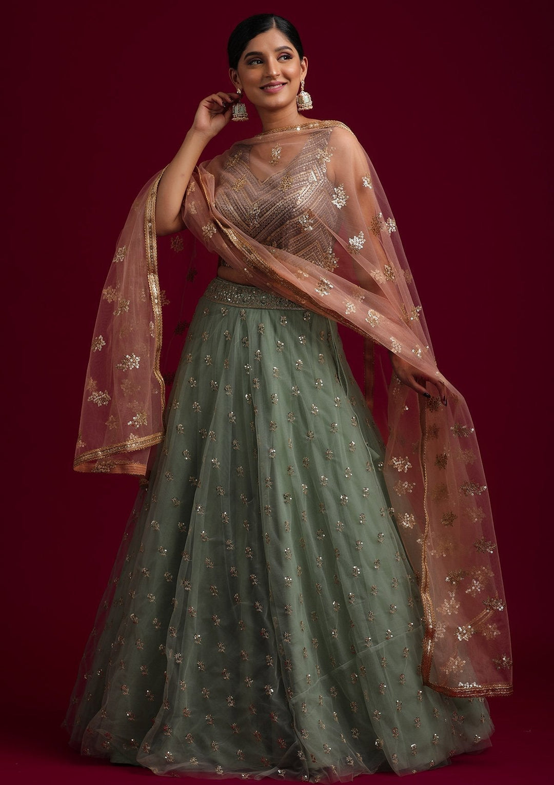 Peach Sequins Net Designer Dupatta - koskii