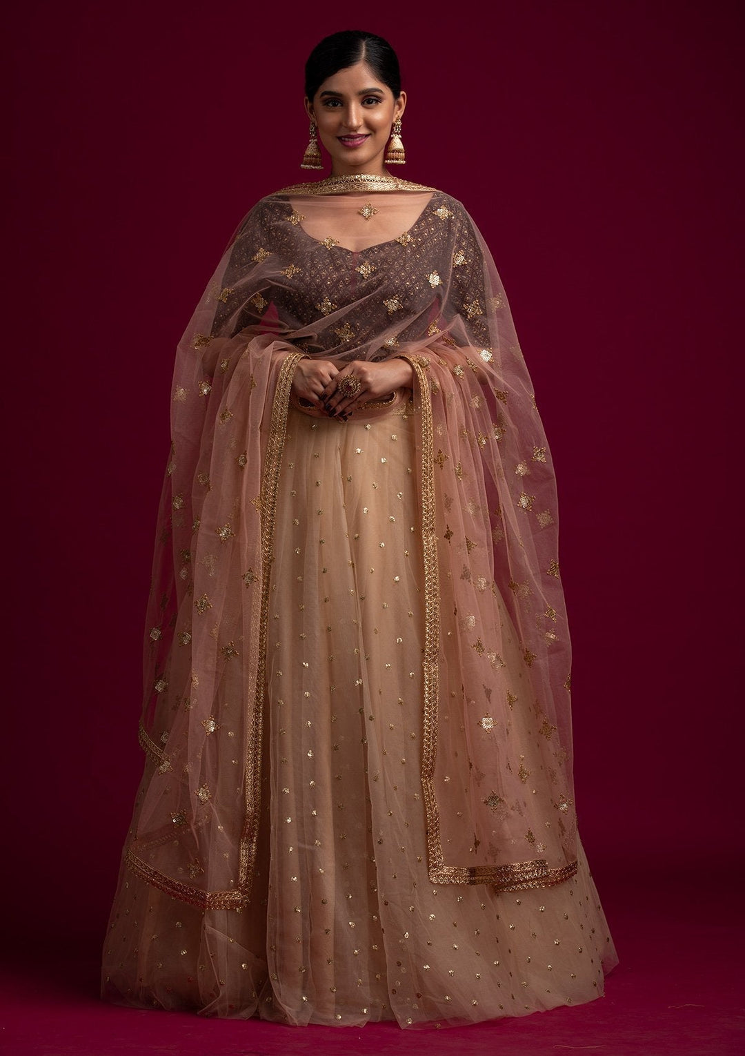 Peach Sequins Net Designer Dupatta - koskii