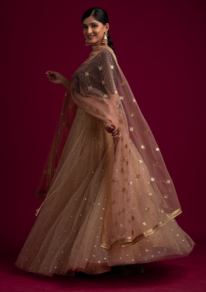 Peach Sequins Net Designer Dupatta - koskii