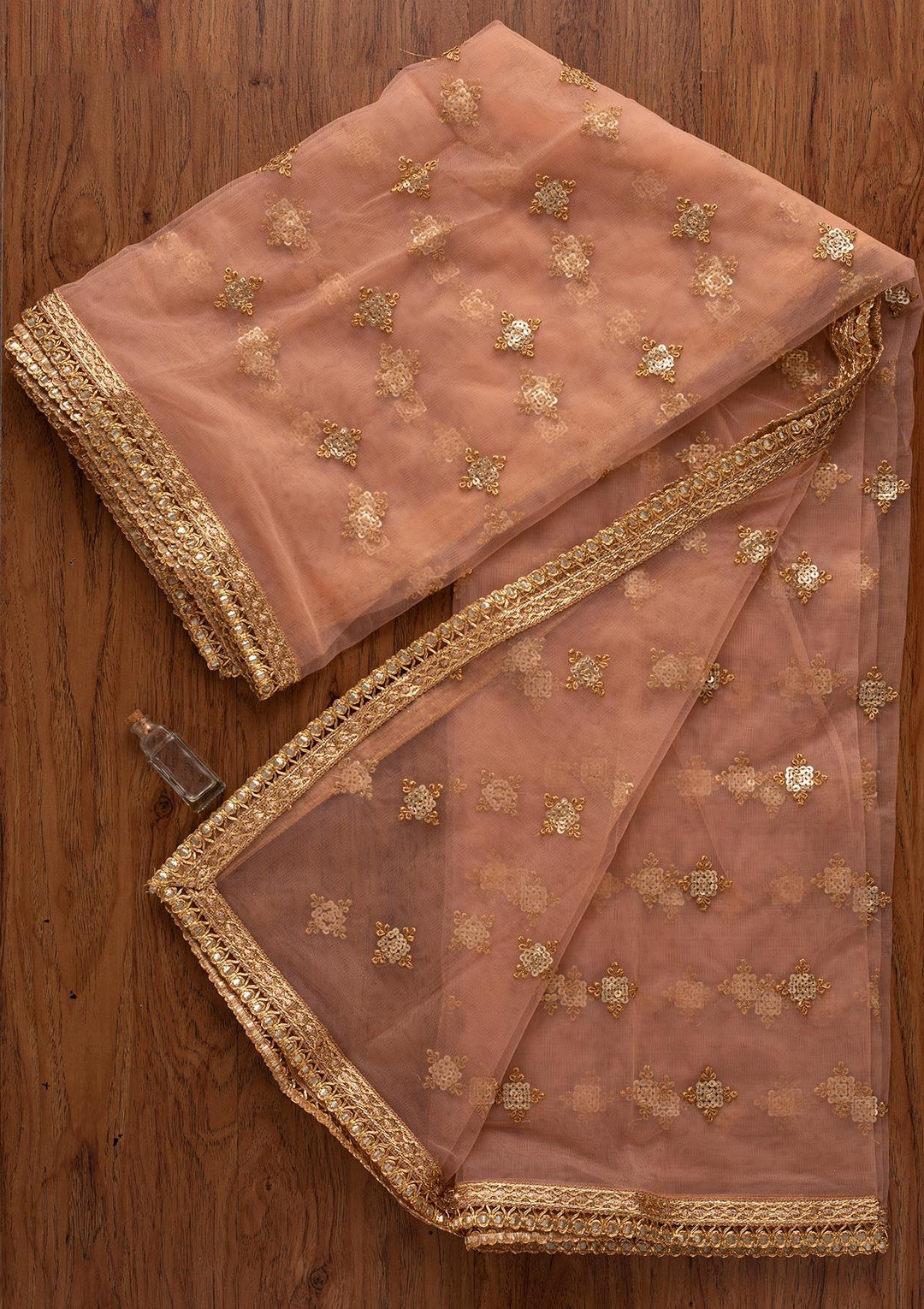 Peach Sequins Net Designer Dupatta - koskii