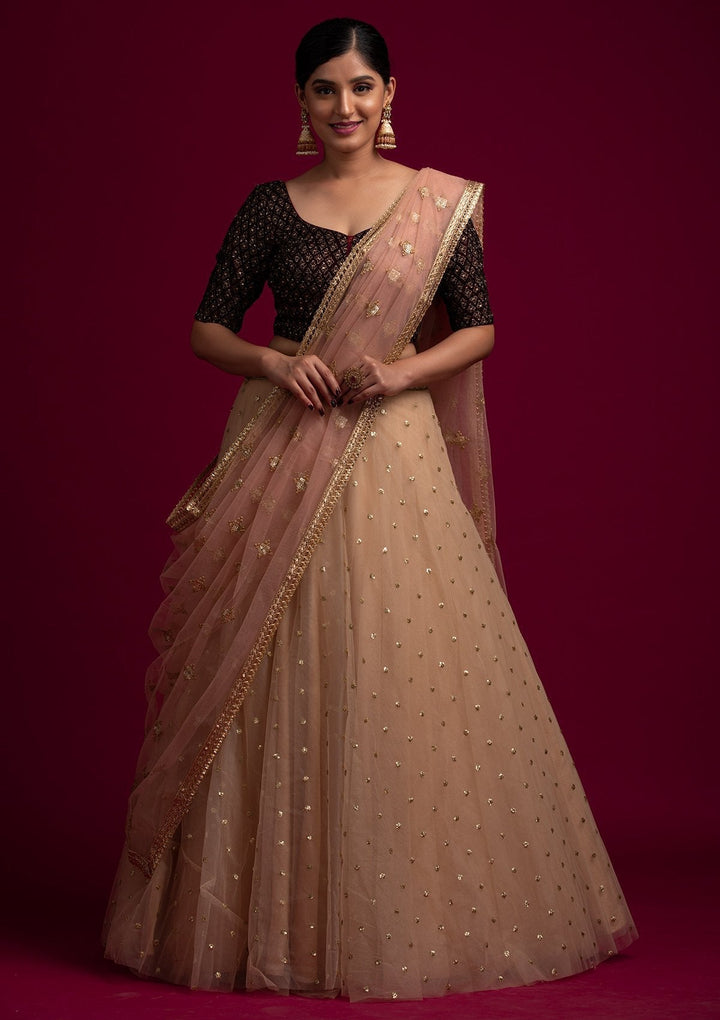 Peach Sequins Net Designer Dupatta - koskii