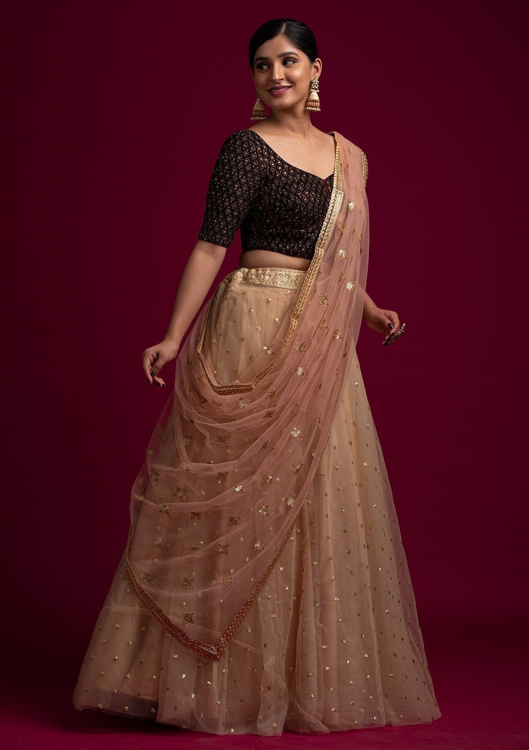Peach Sequins Net Designer Dupatta - koskii