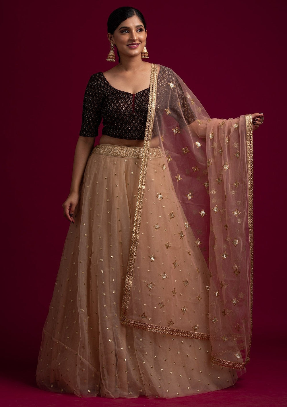 Peach Sequins Net Designer Dupatta - koskii