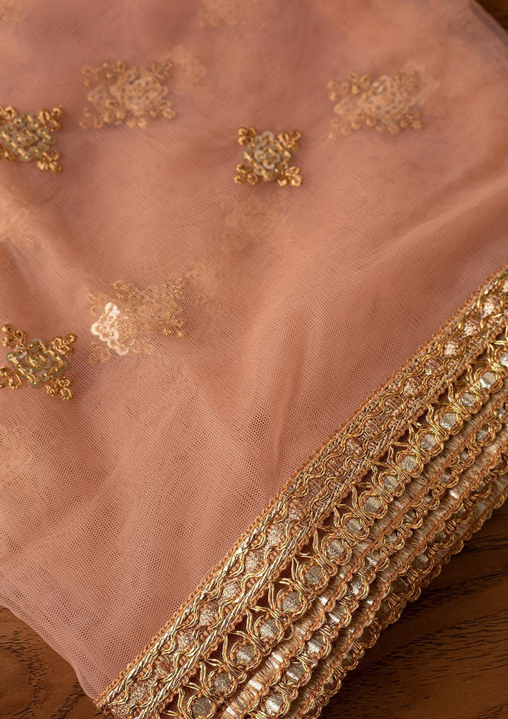 Peach Sequins Net Designer Dupatta - koskii