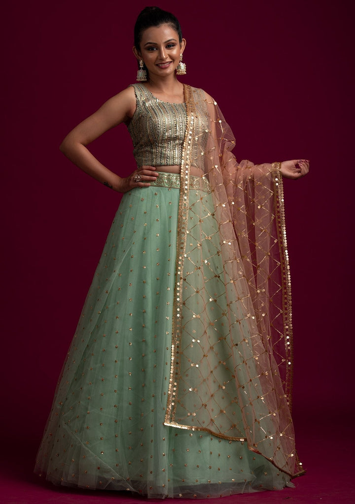 Peach Sequins Net Designer Dupatta - koskii