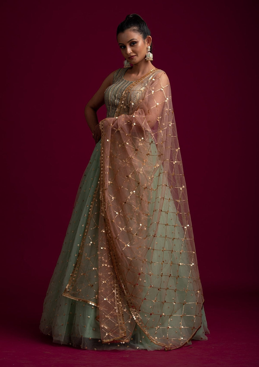 Peach Sequins Net Designer Dupatta - koskii