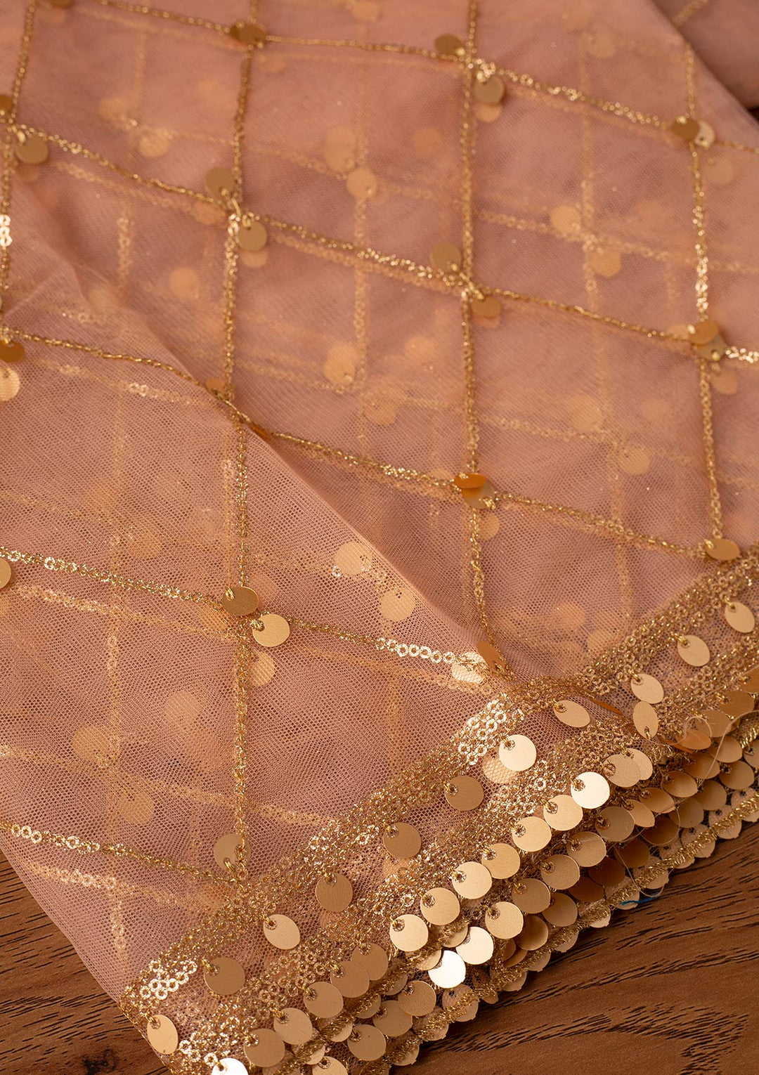 Peach Sequins Net Designer Dupatta - koskii