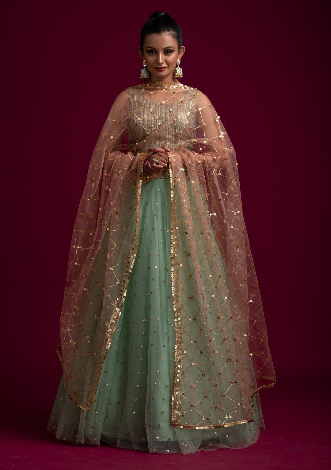Peach Sequins Net Designer Dupatta - koskii