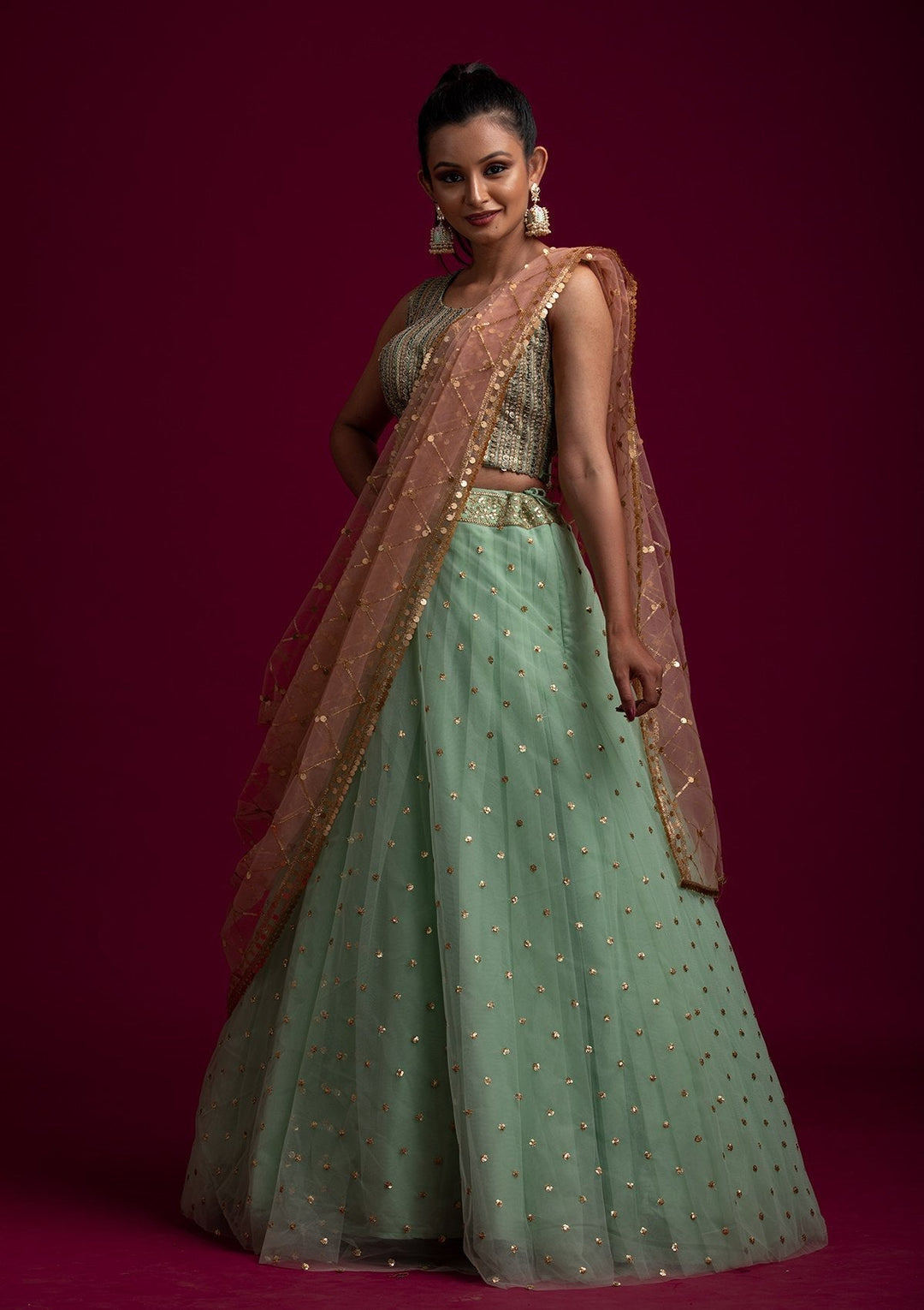 Peach Sequins Net Designer Dupatta - koskii