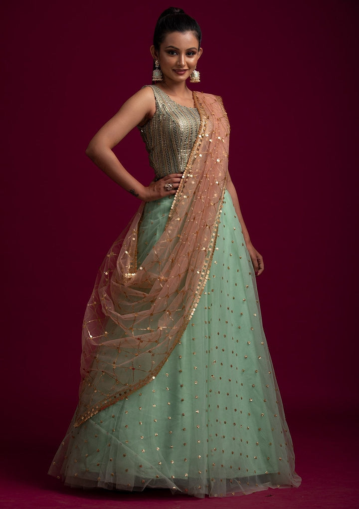 Peach Sequins Net Designer Dupatta - koskii