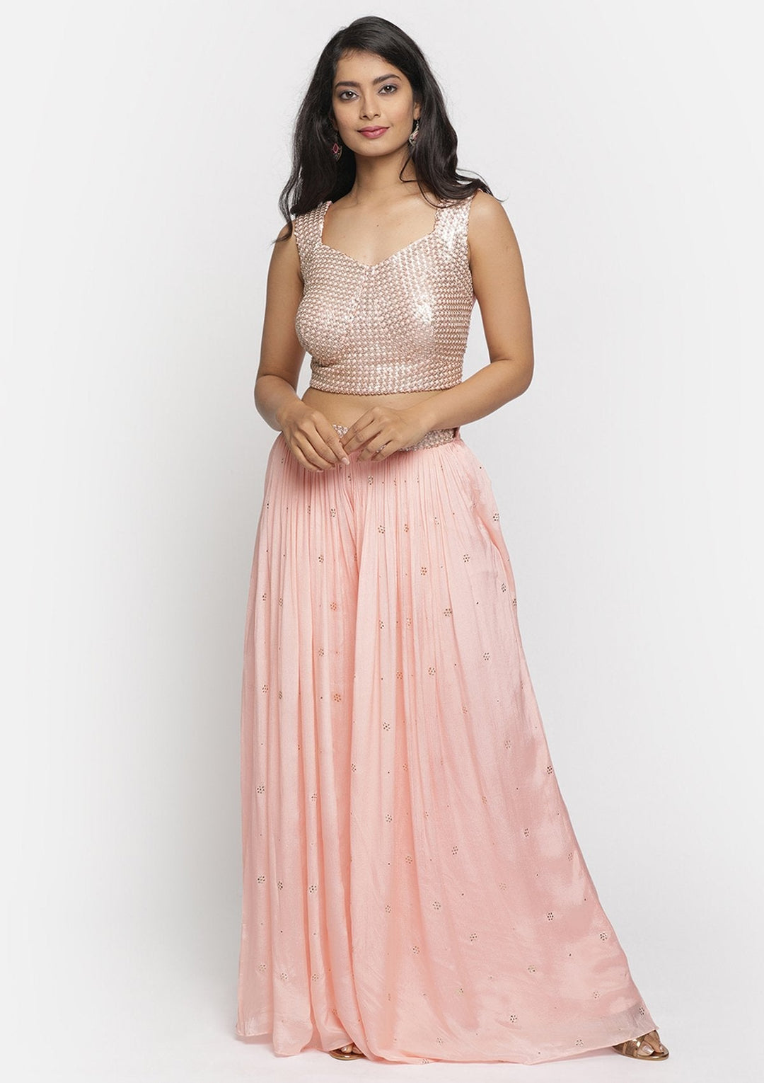 Peach Sequins Semi Crepe Designer Salwar Suit - koskii