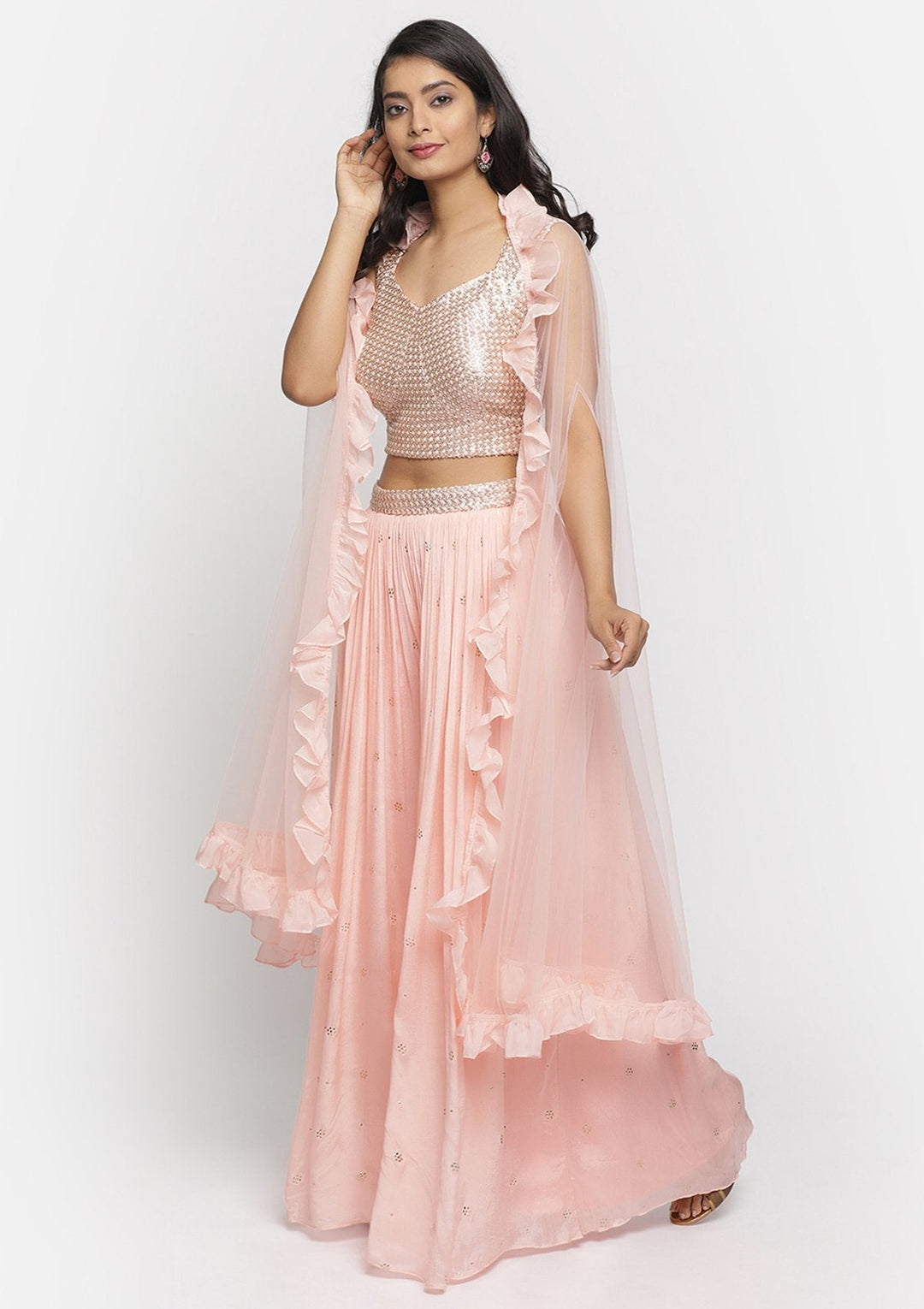 Peach Sequins Semi Crepe Designer Salwar Suit - koskii