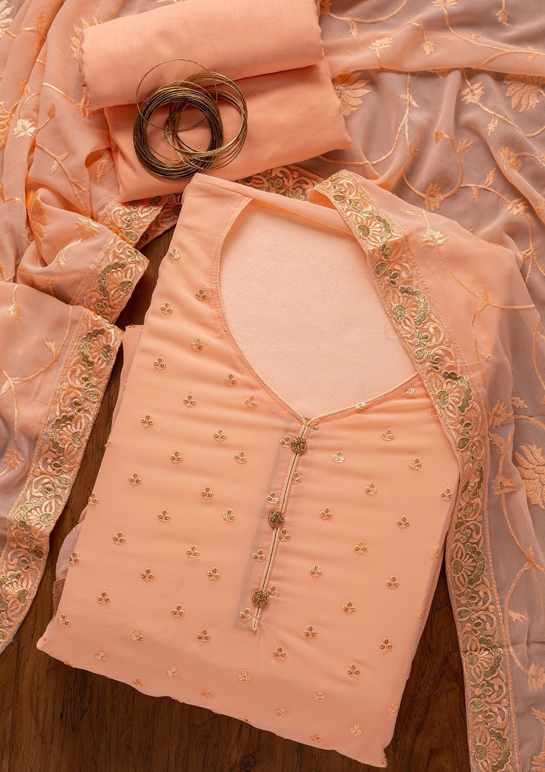 Peach Stonework Georgette Designer Unstitched Salwar Suit - koskii
