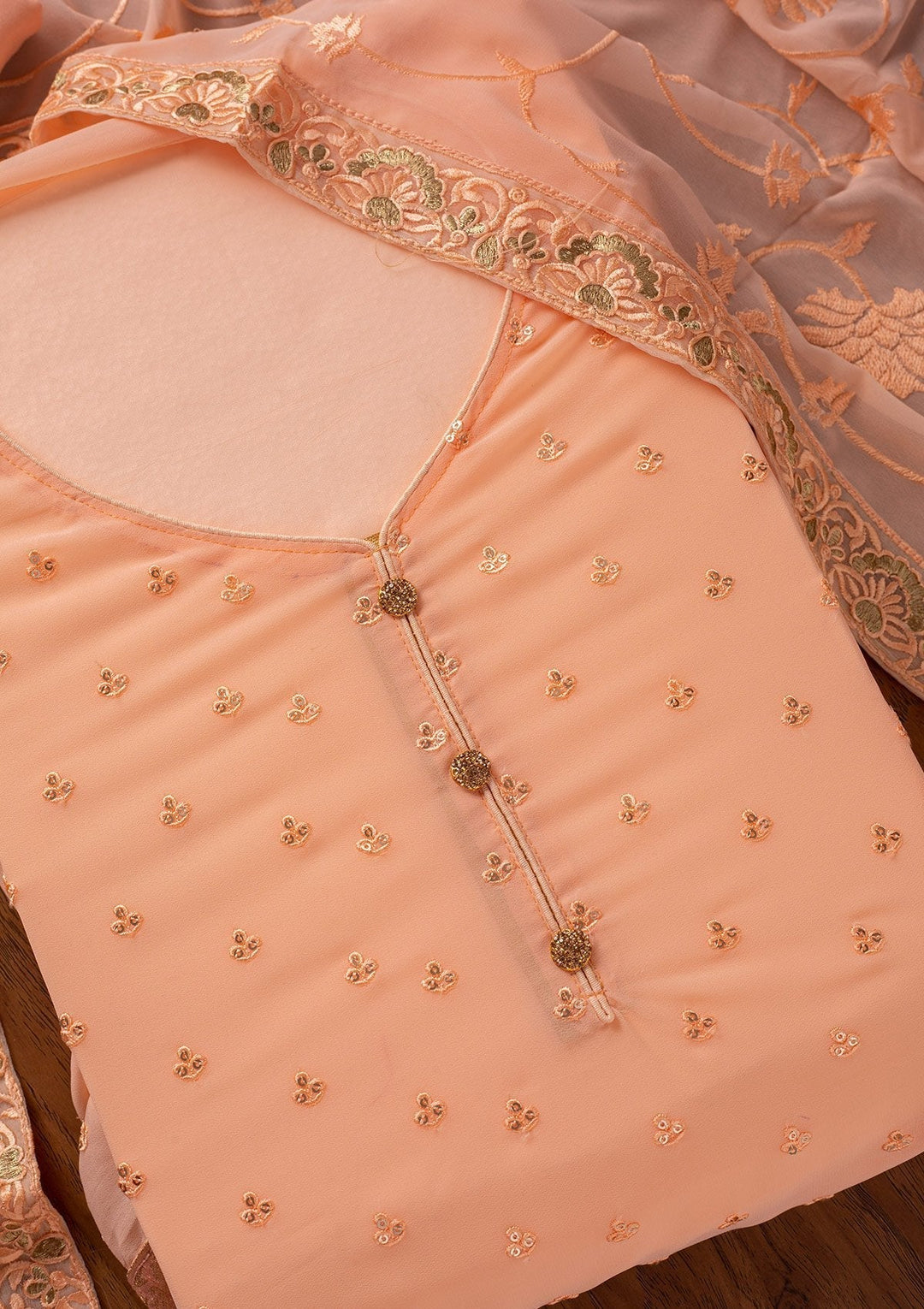Peach Stonework Georgette Designer Unstitched Salwar Suit - koskii