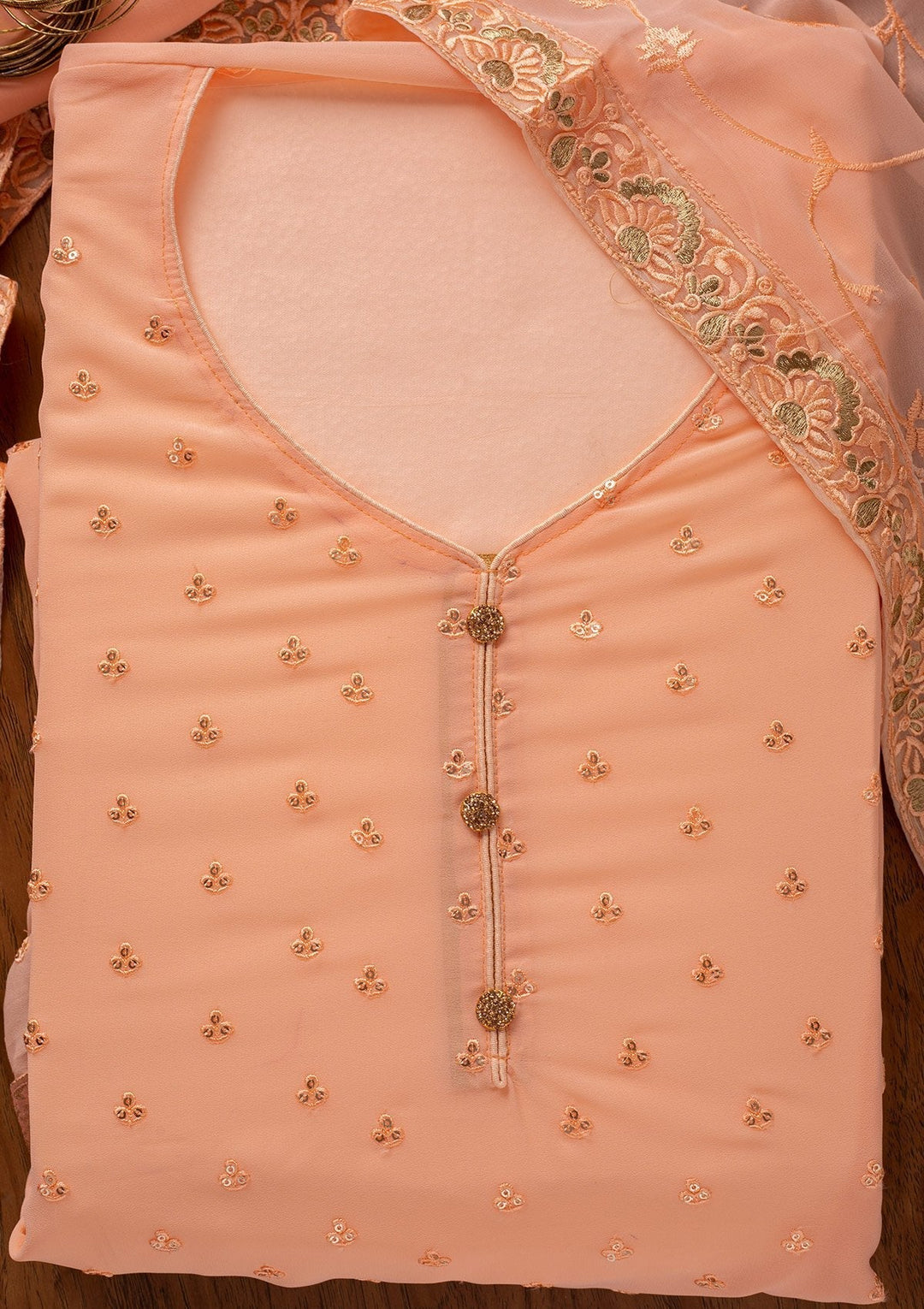 Peach Stonework Georgette Designer Unstitched Salwar Suit - koskii