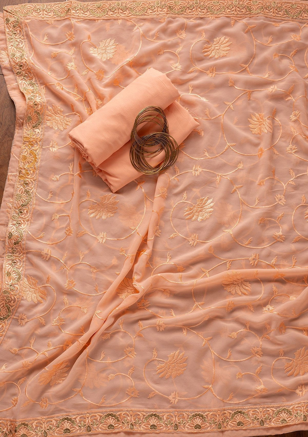 Peach Stonework Georgette Designer Unstitched Salwar Suit - koskii