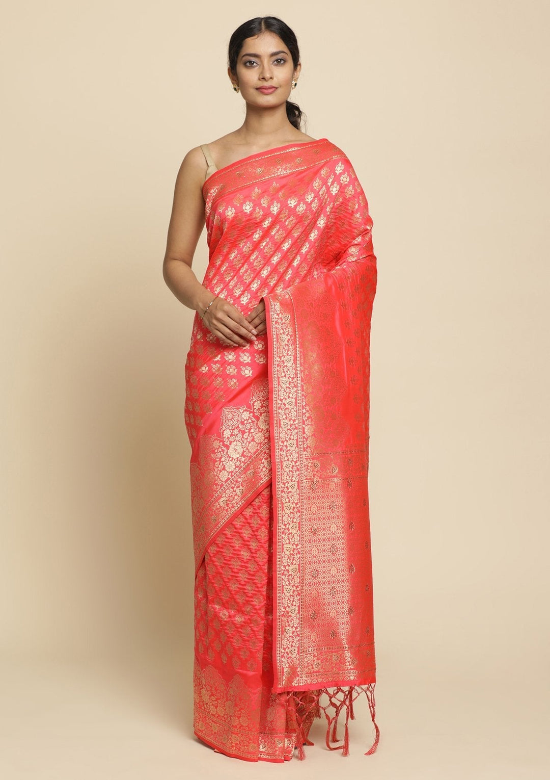 Peach Swarovski  Brocade Designer Saree - koskii