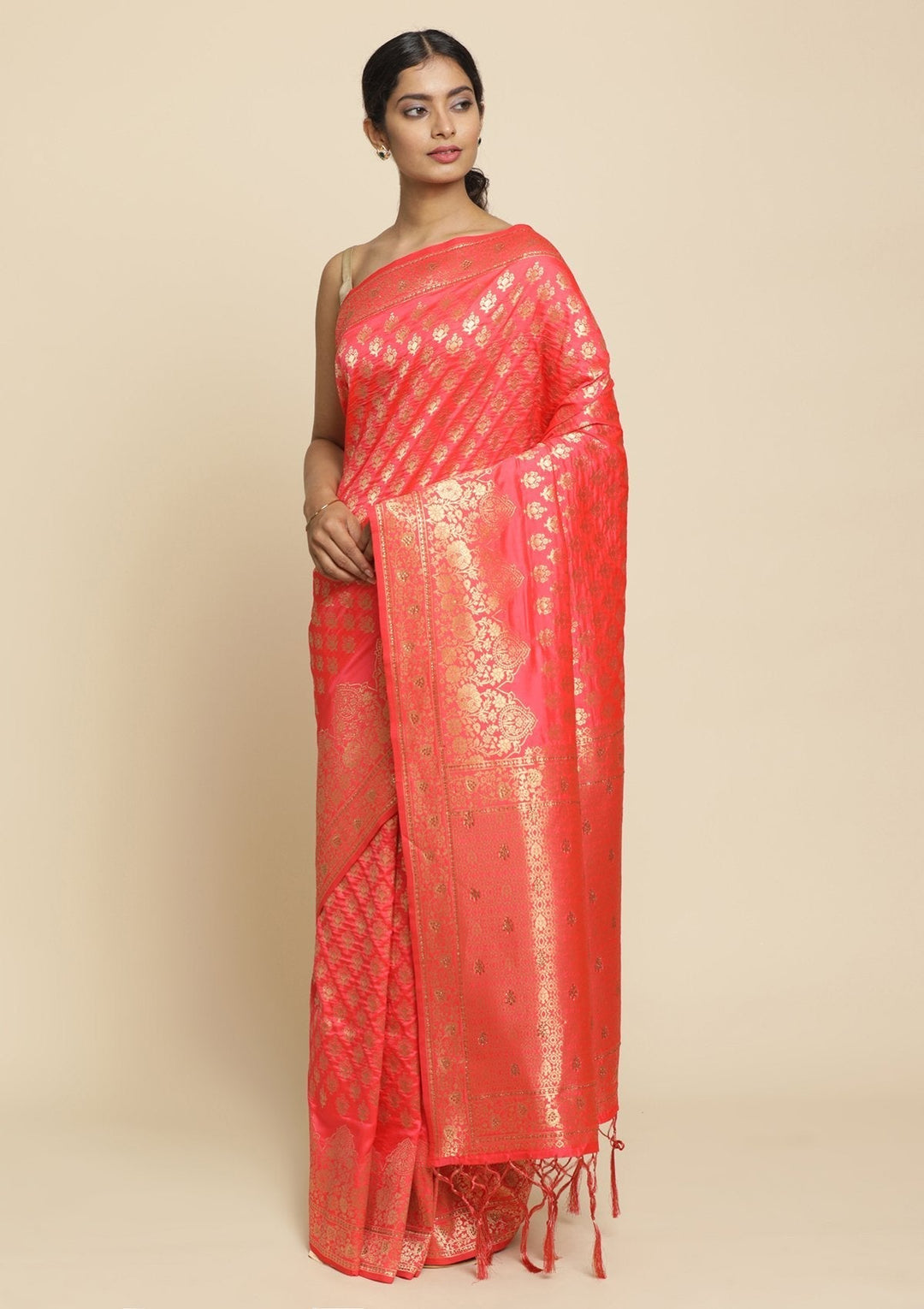 Peach Swarovski  Brocade Designer Saree - koskii