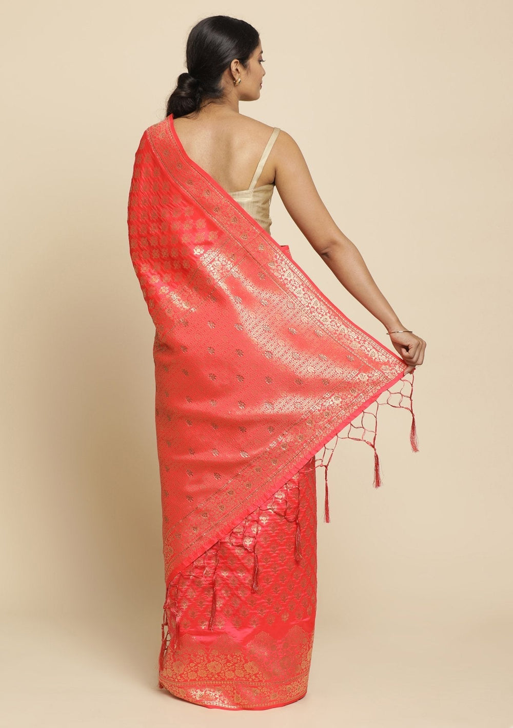 Peach Swarovski  Brocade Designer Saree - koskii