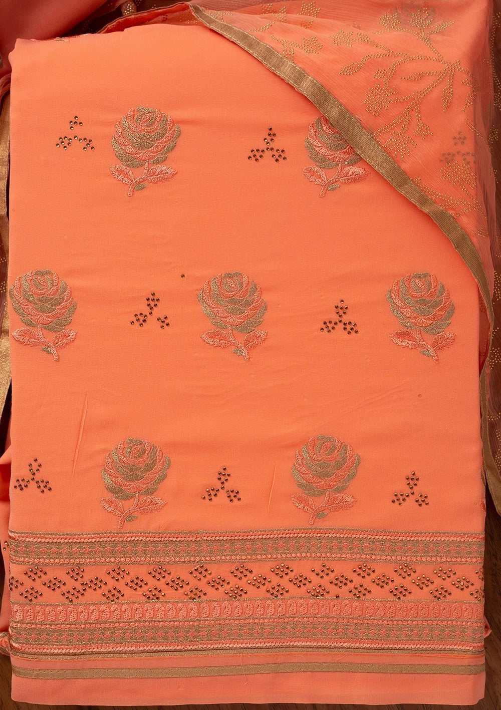 Peach Swarovski Georgette Designer Unstitched Salwar Suit - koskii
