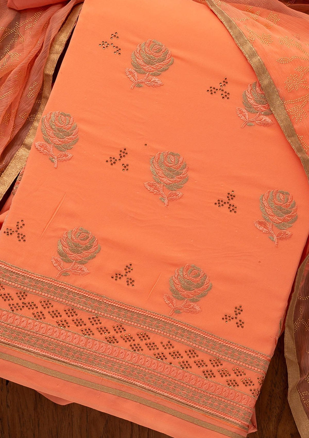 Peach Swarovski Georgette Designer Unstitched Salwar Suit - koskii