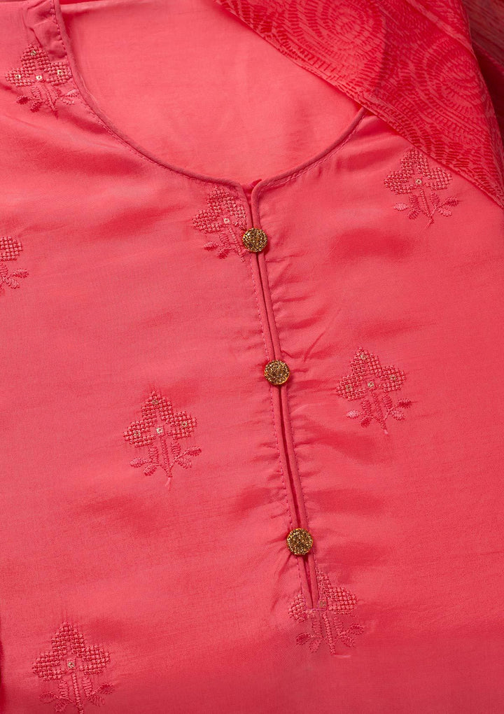 Peach Swarovski Satin Designer Unstitched Salwar Suit - koskii