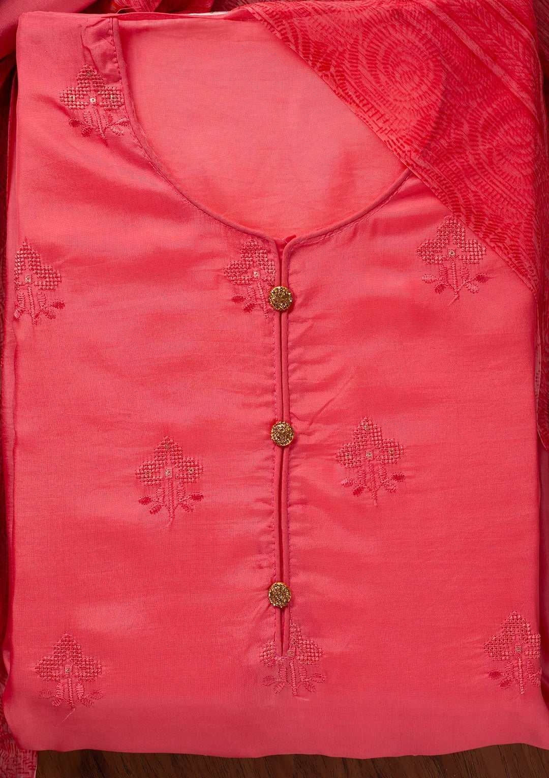 Peach Swarovski Satin Designer Unstitched Salwar Suit - koskii