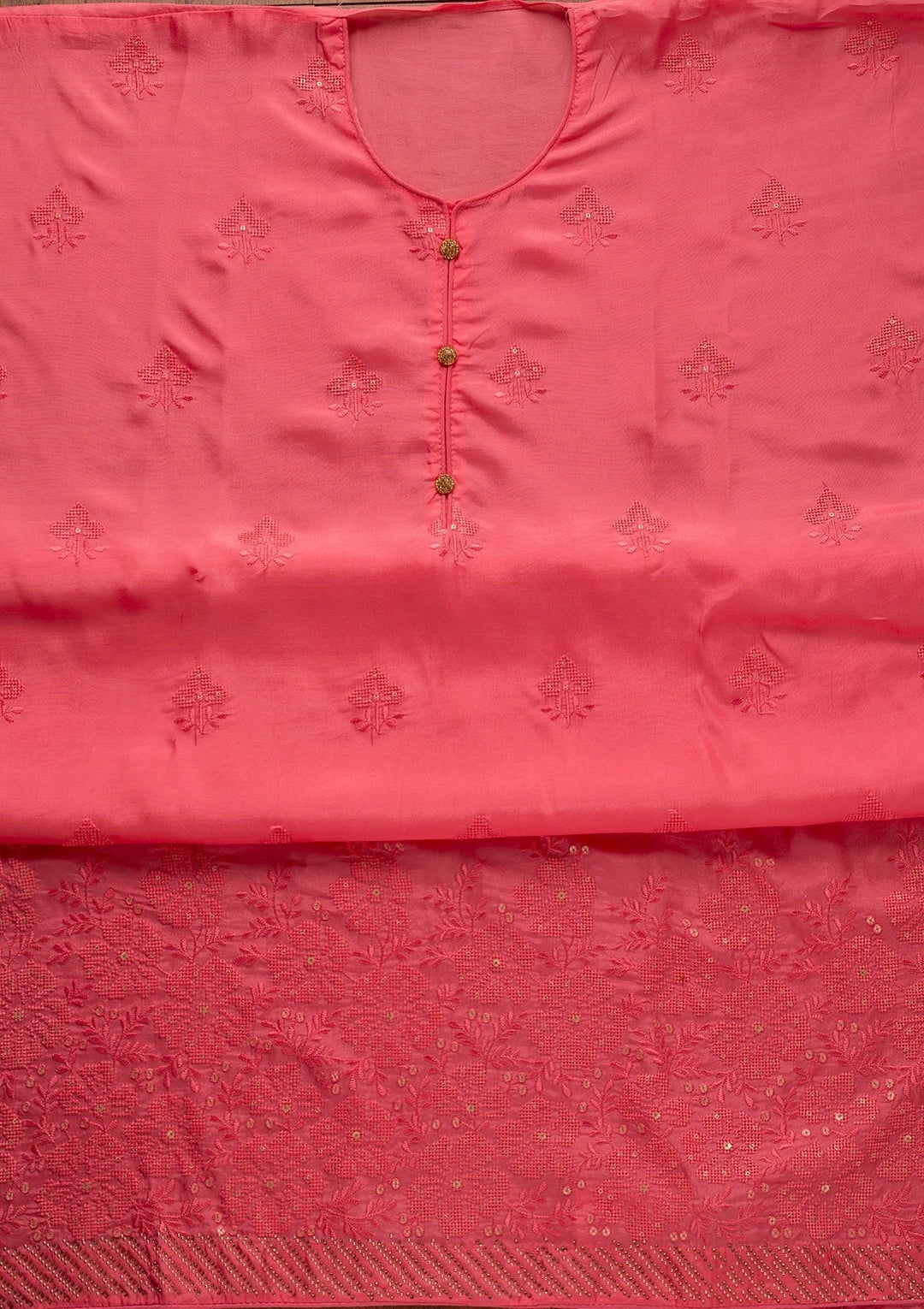 Peach Swarovski Satin Designer Unstitched Salwar Suit - koskii