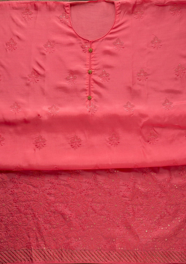 Peach Swarovski Satin Designer Unstitched Salwar Suit - koskii