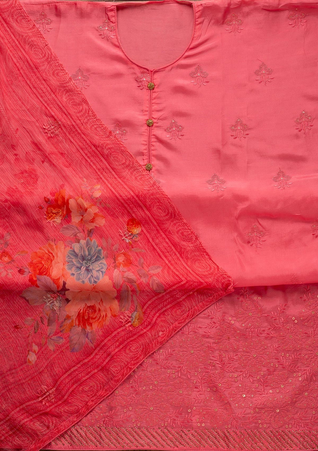 Peach Swarovski Satin Designer Unstitched Salwar Suit - koskii
