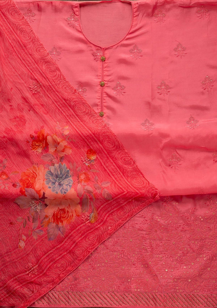 Peach Swarovski Satin Designer Unstitched Salwar Suit - koskii