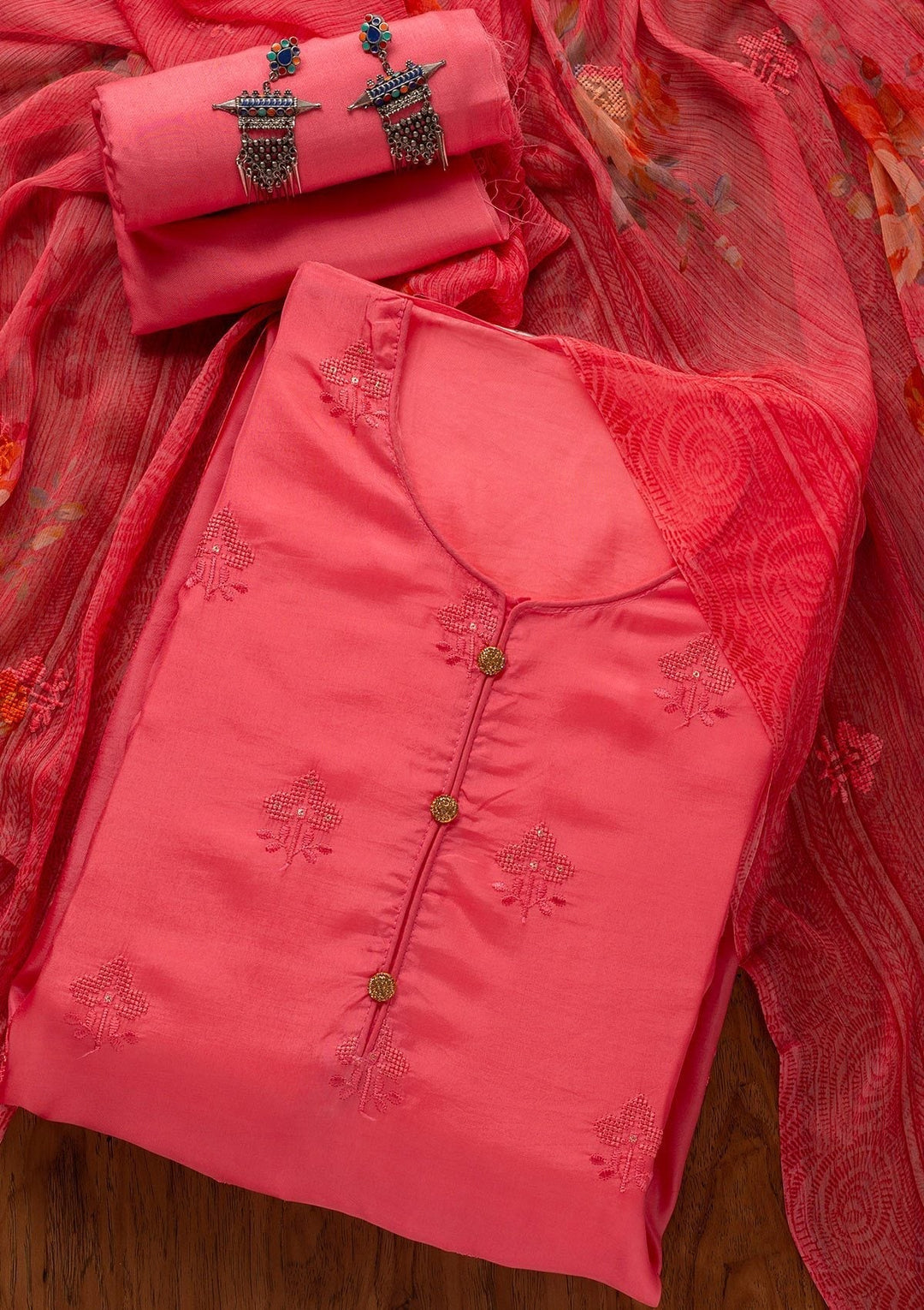 Peach Swarovski Satin Designer Unstitched Salwar Suit - koskii