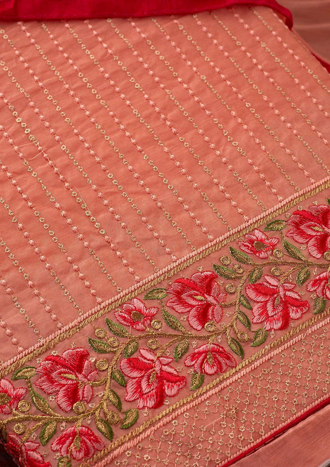 Peach Threadwork Chanderi Designer Unstitched Salwar Suit - koskii