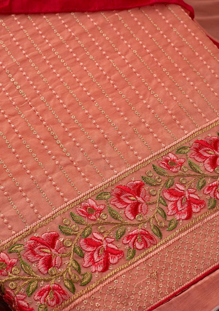 Peach Threadwork Chanderi Designer Unstitched Salwar Suit - koskii