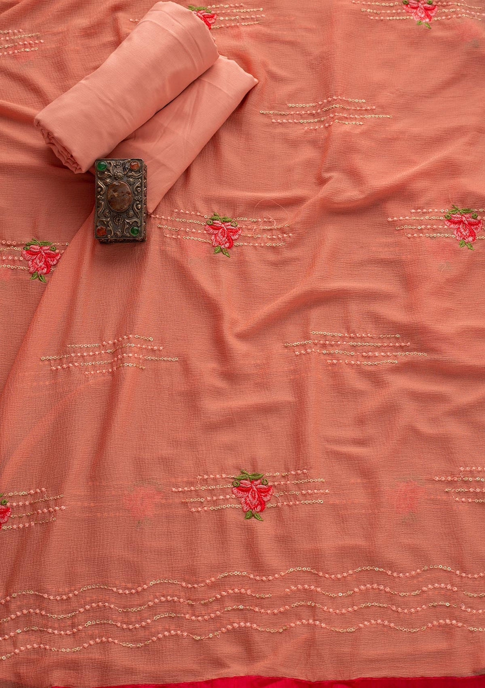 Peach Threadwork Chanderi Designer Unstitched Salwar Suit - koskii