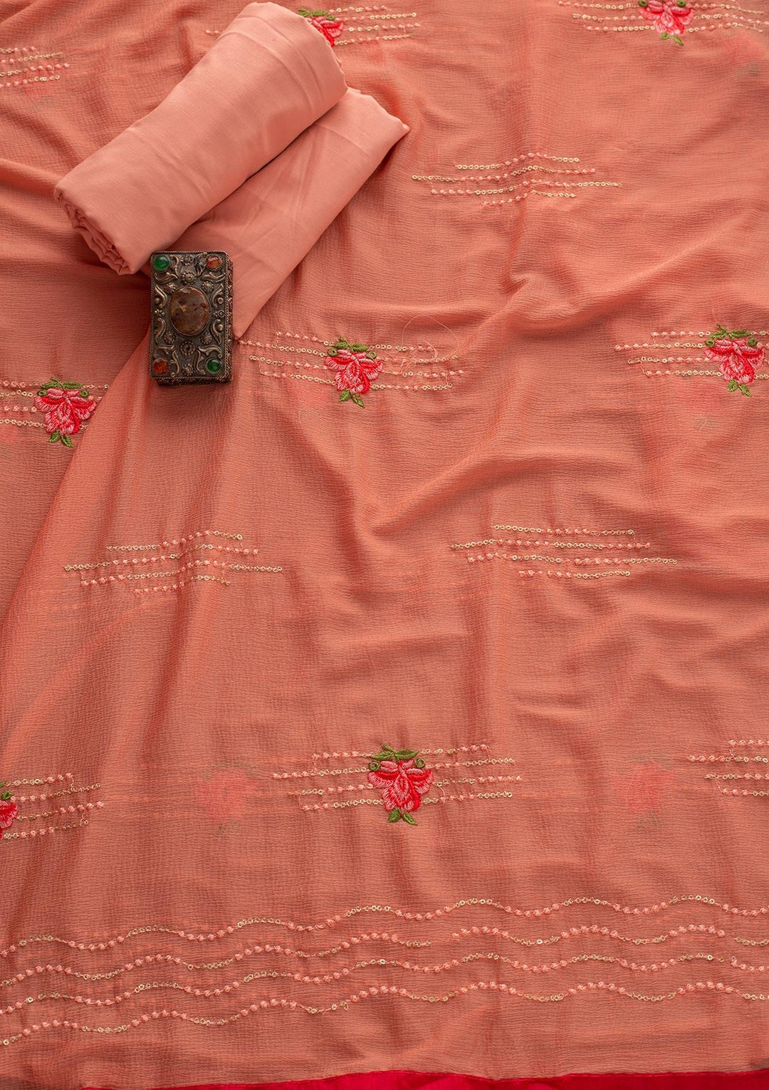 Peach Threadwork Chanderi Designer Unstitched Salwar Suit - koskii