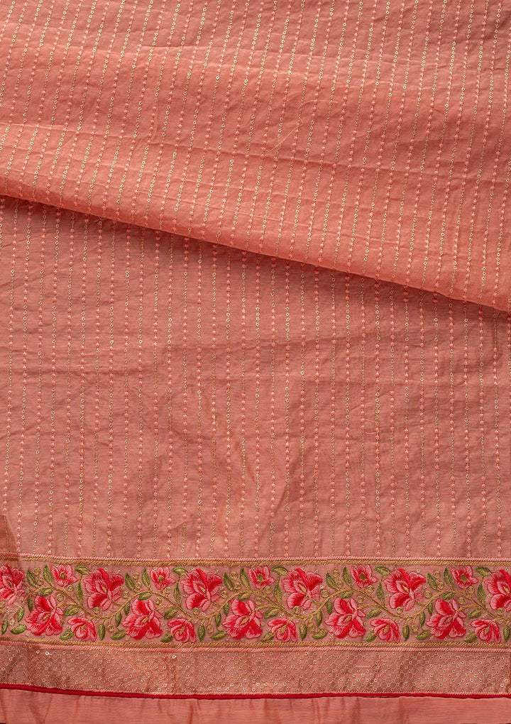 Peach Threadwork Chanderi Designer Unstitched Salwar Suit - koskii
