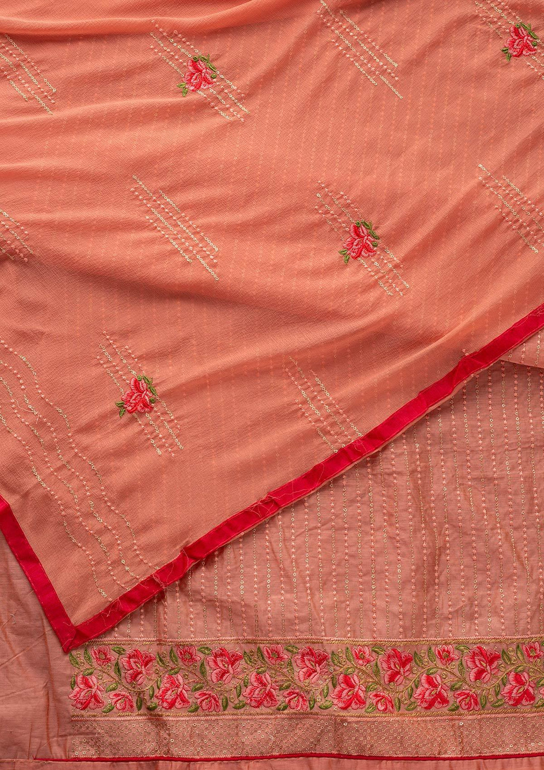 Peach Threadwork Chanderi Designer Unstitched Salwar Suit - koskii