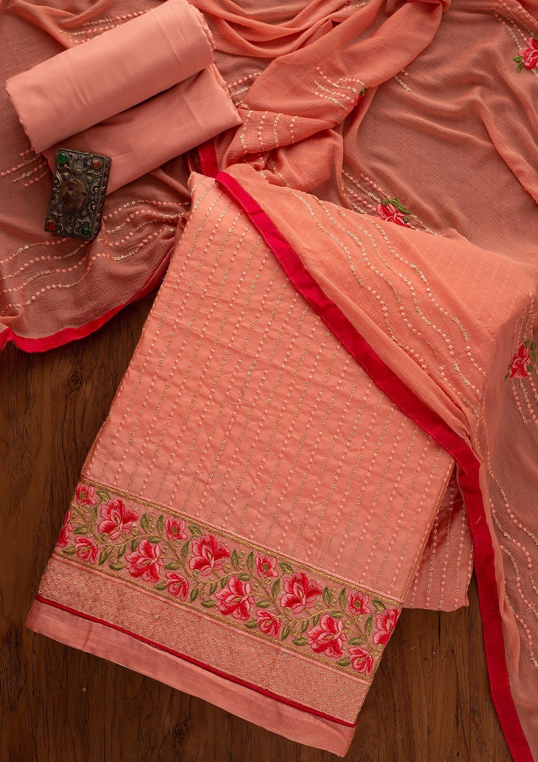 Peach Threadwork Chanderi Designer Unstitched Salwar Suit - koskii